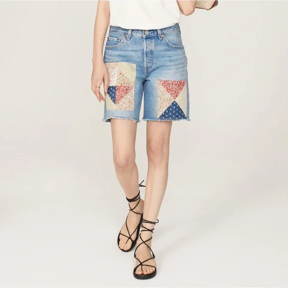 New Levi’s 501 90’s  Patchwork shorts anniversary edition light wash jean - Picture 3 of 14
